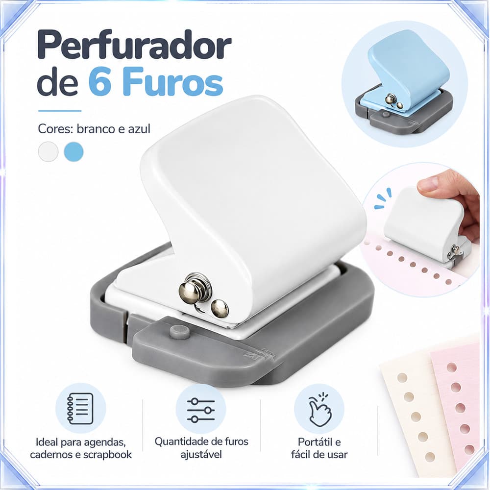 Perfurador de folhas soltas branco/azul com 6 furos adequado para Notebooks e álbuns de recortes Quantidade de perfuraçã