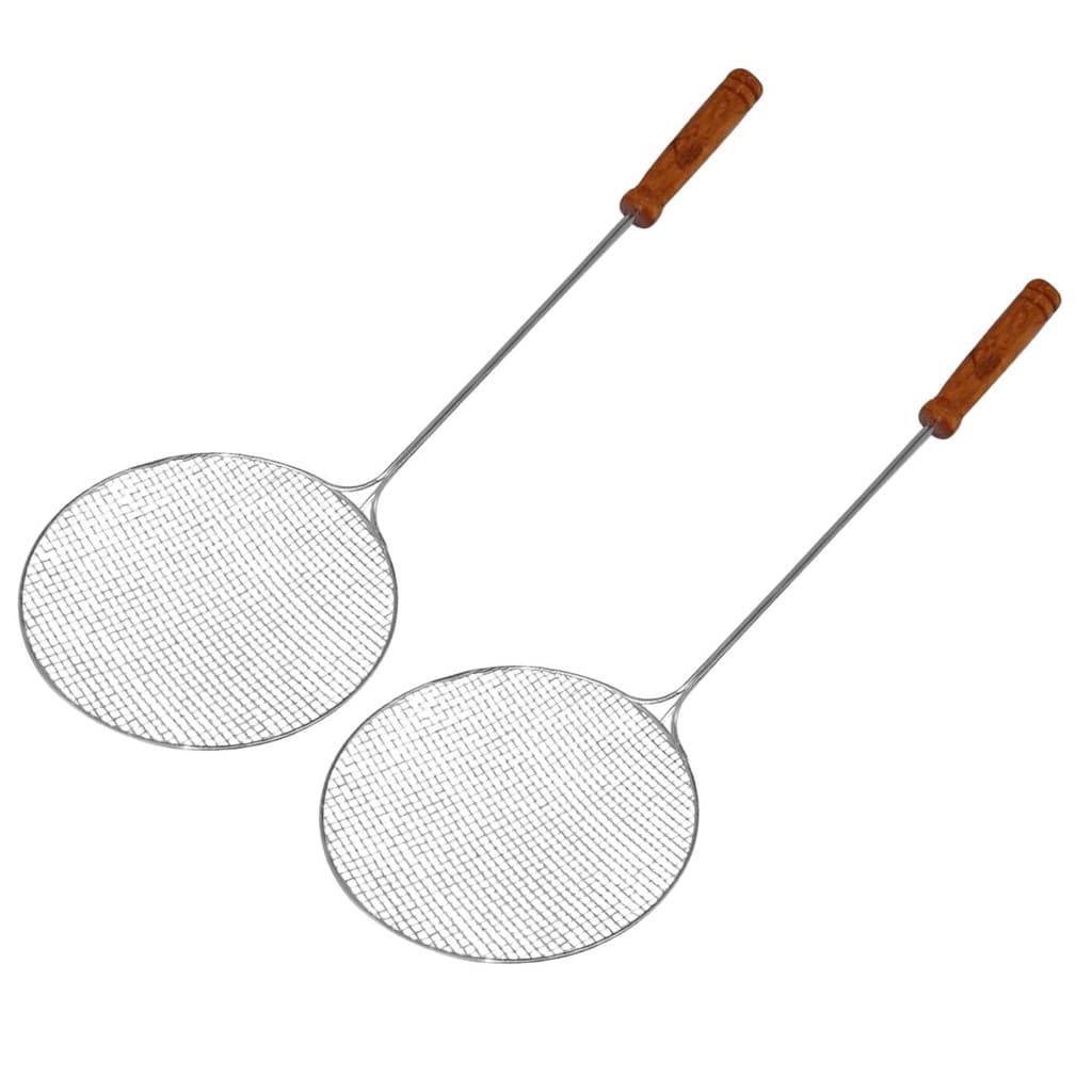 Kit 2 Escumadeiras Redondas de Aço Galvanizado 17cm Cabo de Madeira para Frituras Pastéis Salgados