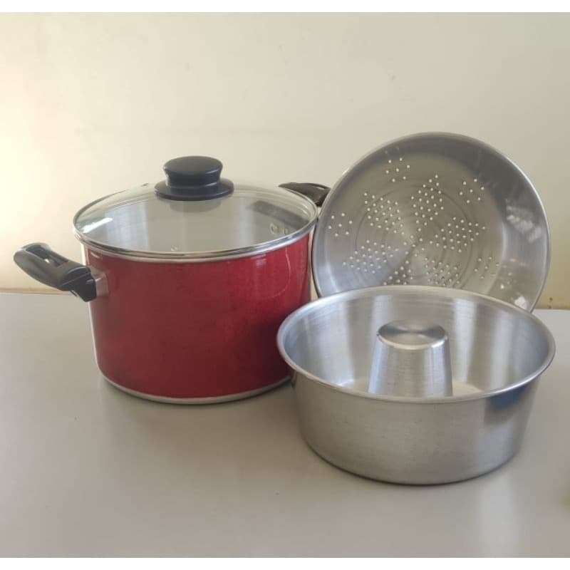 Banho Maria Preto e Vermelho, 3 em 1, forma de pudim e cozimento à vapor em alumínio Reforçado e tampa de vidro.