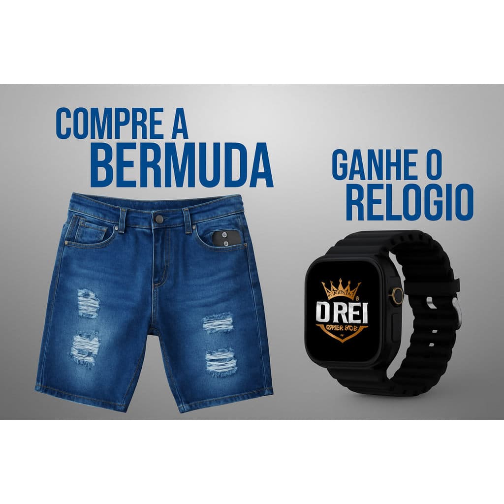 Kit Bermuda Jeans Rasgada Masculino Original + Relogio Esportivo Ultra Led + Envio hoje