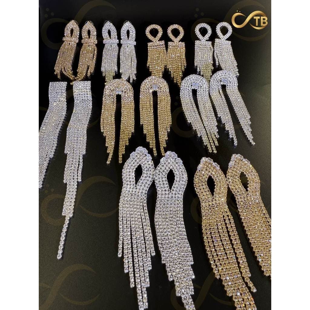 TB Brincos Dourados prata com Franja Strass Brinco Luxo Feminino Brilho Intenso Moda Festa Presente
