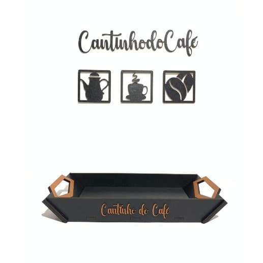 Placa cantinho do café + Bandeja de MDF 40cm x 20cm chapa de 6MM Preto Alça 30 Graus