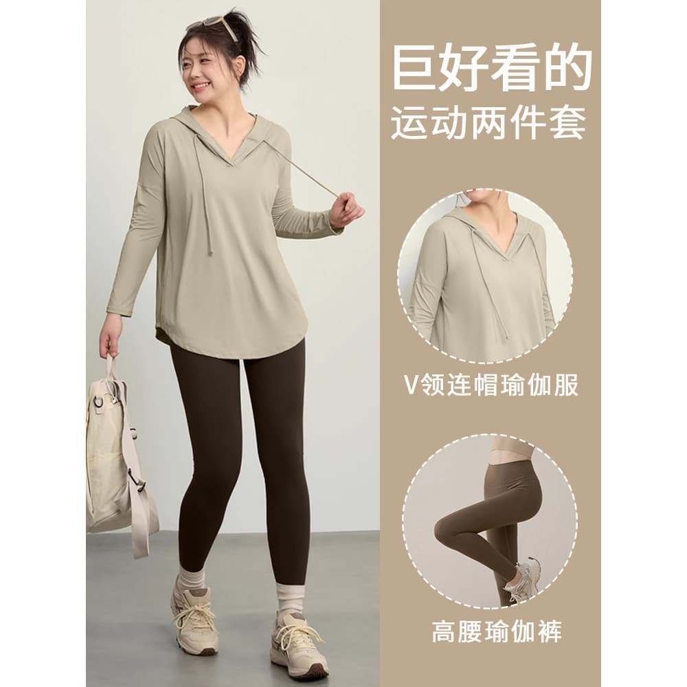 Tamanho grande esportes topo feminino 2026 novo estilo gordura mm Yoga Wear solto com capuz mangas compridas capa gordur