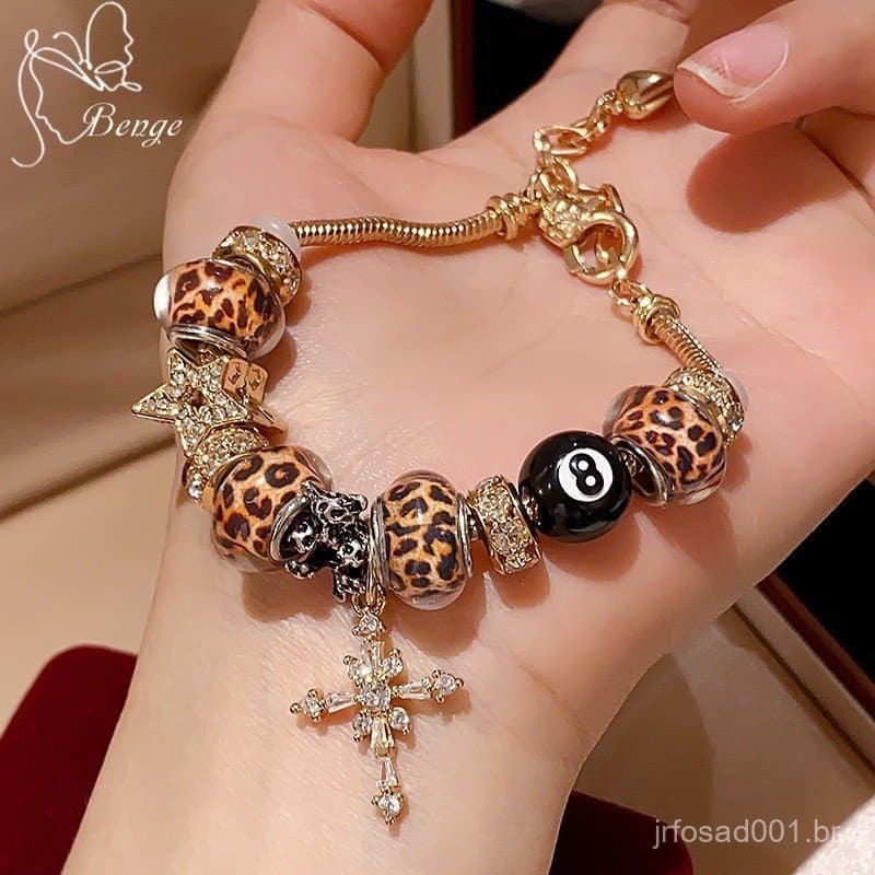 Benge Vintage Número 8 Grânulo Leopardo Cruz Pulseira Ajustável Edgy Y2K Estética Bonito Único Declaração Festa Jóias Pr