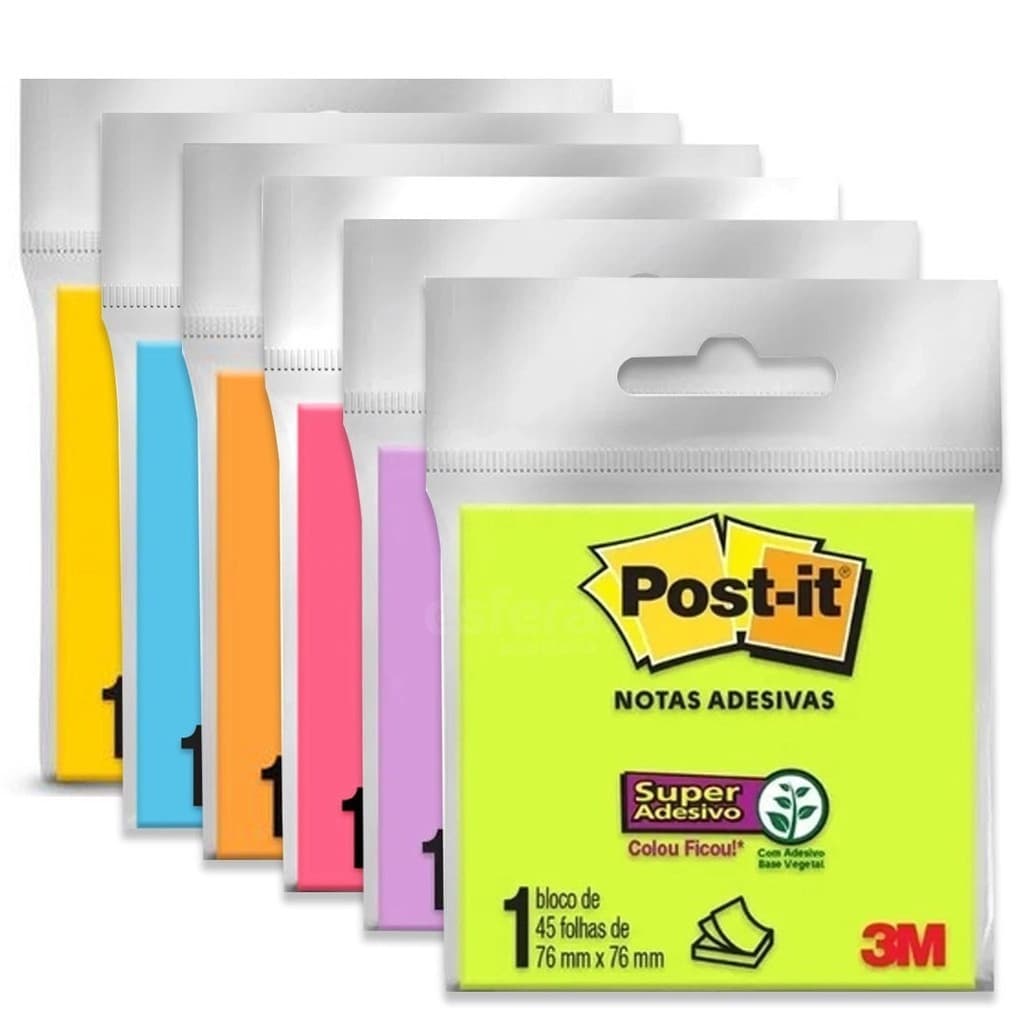 Bloco de Notas Adesivas Post it Super 76x76mm 45 Folhas 3M | Auto Adesivo | Recados | Lembretes | Anotações | Colorido