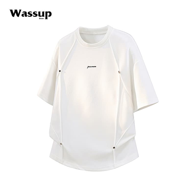 WASSUP Rebite Joint Style Homens de Manga Curta Verão Street Wear Solto Ruffian Bonito Camiseta Casual Adolescente Em To