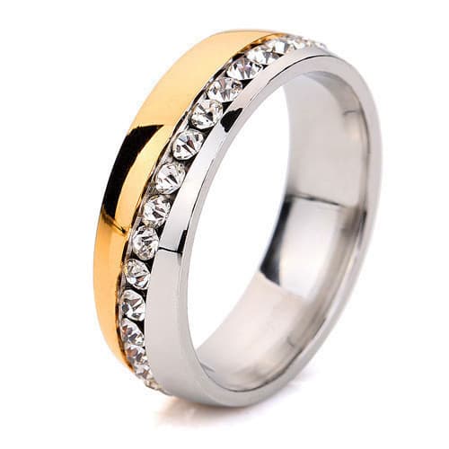 Anel de Diamante Feminino, Série Ouro, Ouro Bicolor, Incrustado de Diamantes, Aço Inoxidável, Anel de Aço Titânio KPCB 3