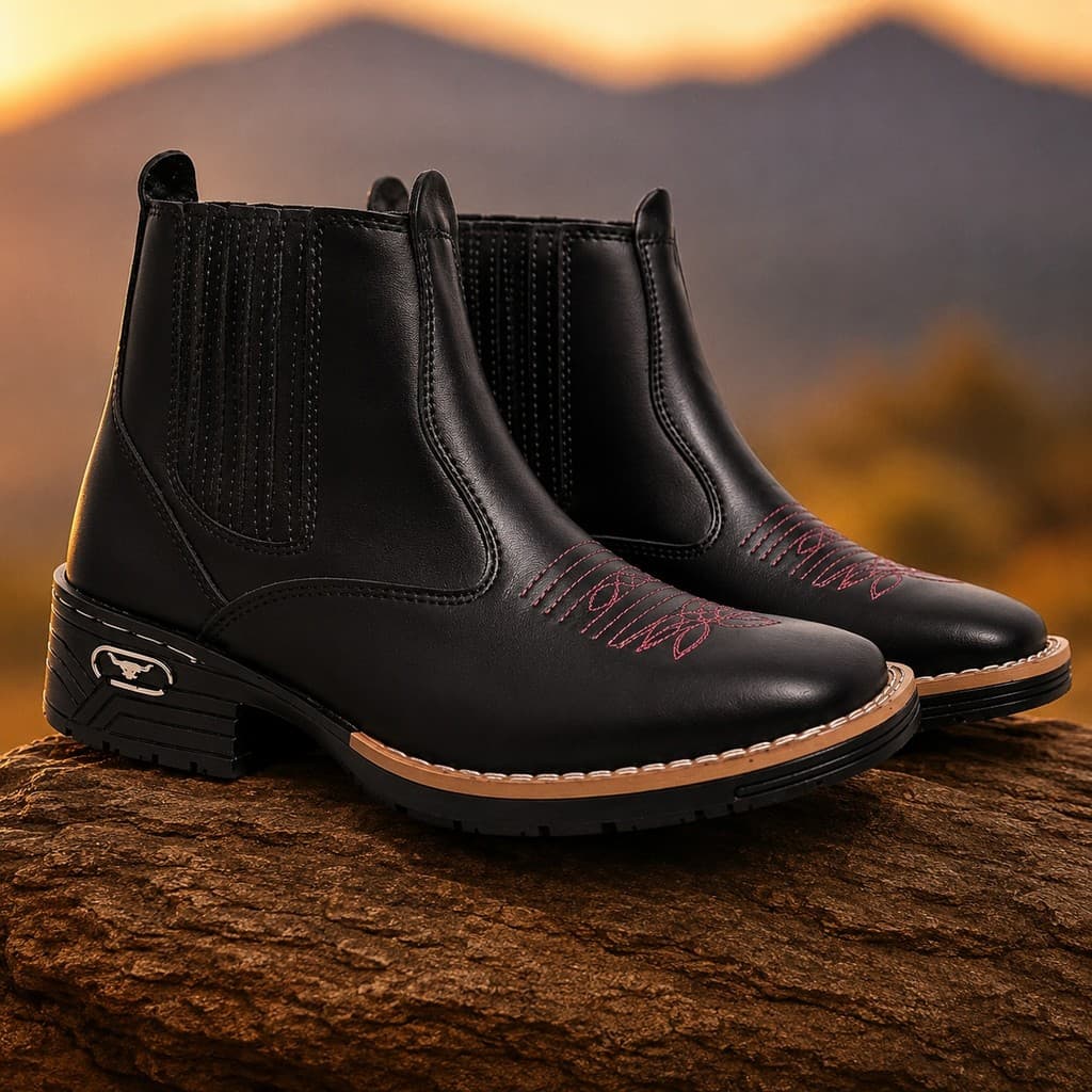 Botina Texana Bota Feminina Country Boiadeira Couro Eco Premium Bordado Rosa Rodeio Festa Sertaneja