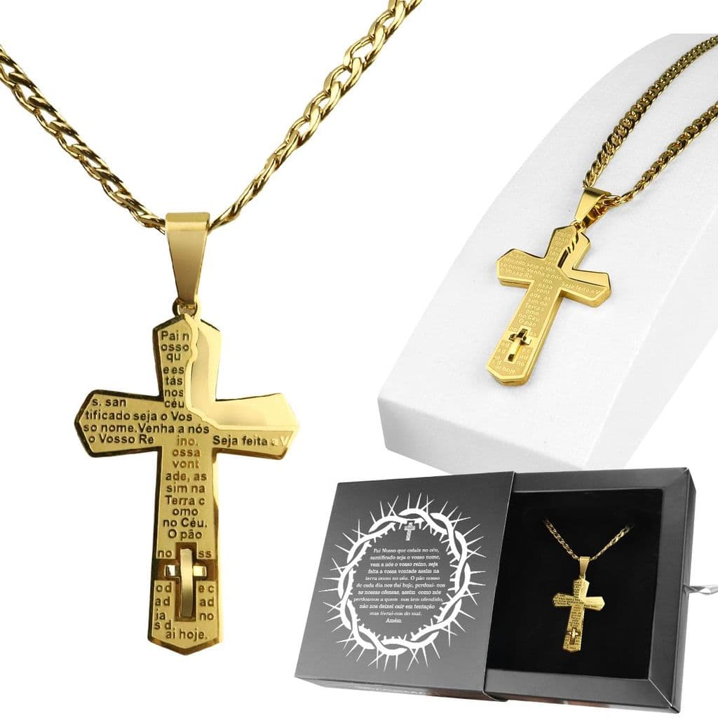cordão dourado masculino + pingente pai nosso + caixa