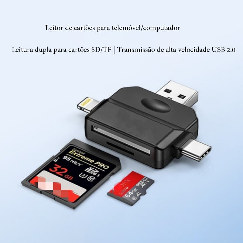 Leitor de Cartão USB 2.0 Multi‑Cartão, Leitura SD e TF, Compatível com Câmeras Sony Canon, Celular e Computador
