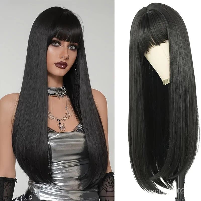 Peruca Sintética Reta Preta De 70 Cm Com Franja-Resistente Ao Calor , Aparência Natural Para Uso Diário , Cosplay E Hall
