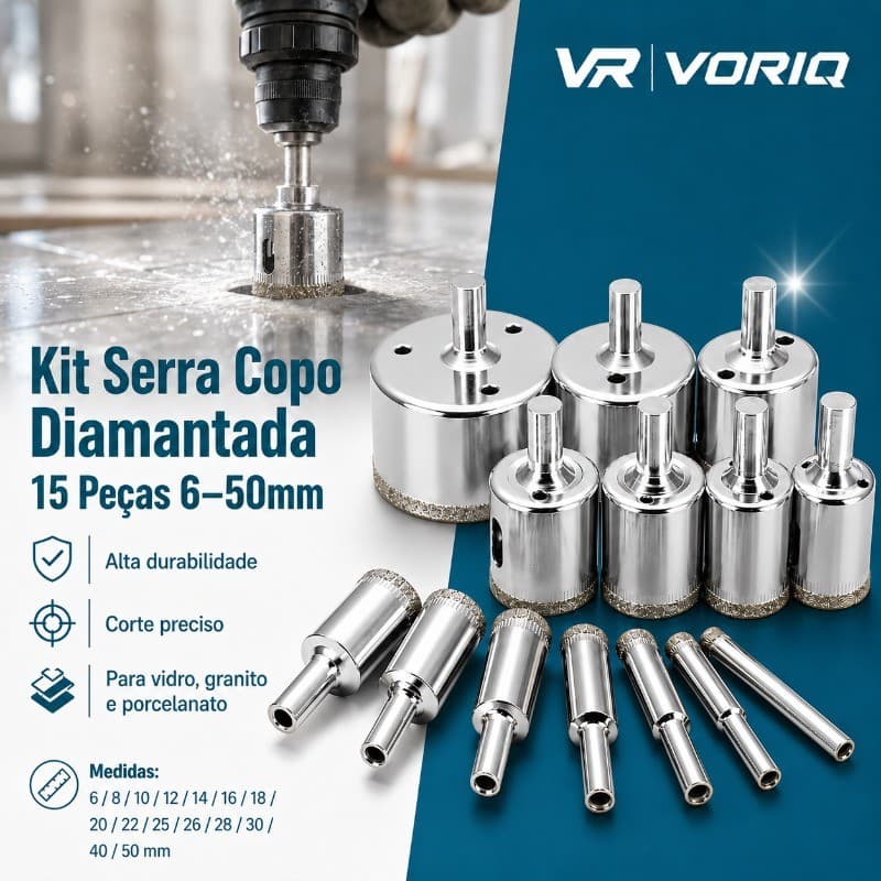 Kit 15 Peças Brocas Serra Copo Diamantadas Piso Vidro Granito Ceramica 6-50mm