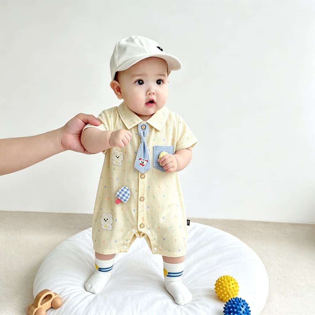 Little Master infantil verão fino macacão de manga curta passeio Super bonito macacão 0-1 anos de idade bebê menino roup