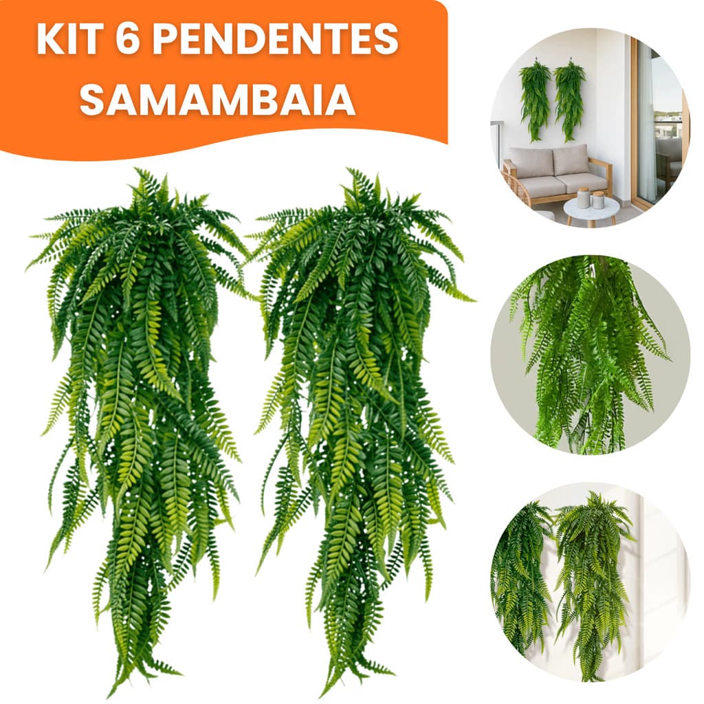 Kit 6 Pendente Samambaia Artificial 80cm Realista Planta Decoração Parede Flor Folhagem