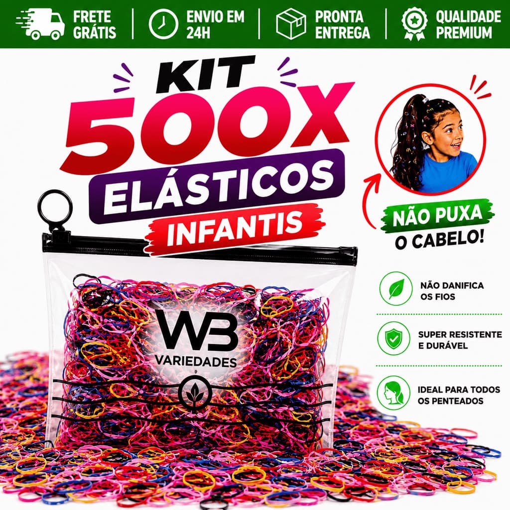 Kit 500 Elásticos de Cabelo Feminino Infantil Multicolorido com Necessaire Envio Rápido
