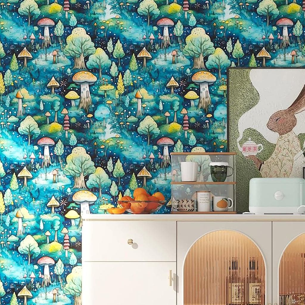 Papel de Parede Divertido com Cogumelos FunStick, Papel de Parede Adesivo Verde e Azul com Tema de Floresta para Paredes