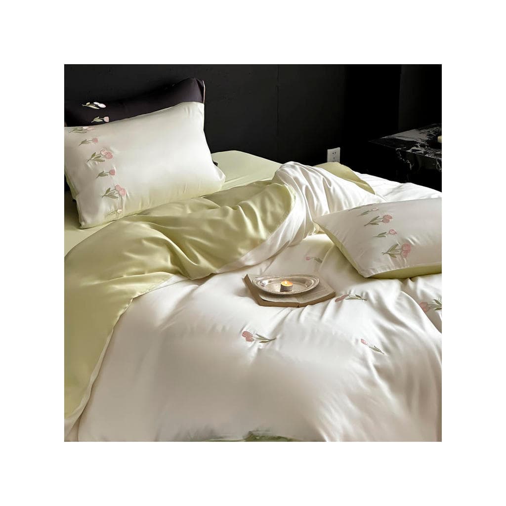 Primavera verão sensação fresca 60s Lenzing Tencel conjunto de quatro peças pequeno fresco tulipa bordado Lyocell conjun