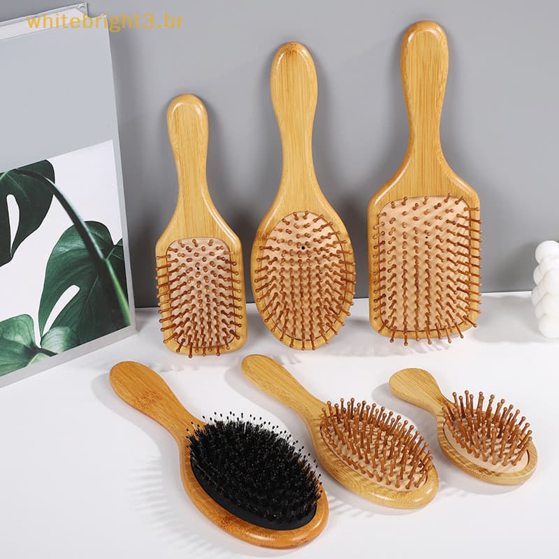 Escova de Cabelo de Bambu WB, Pente de Massagem, Antiestática, para Alisamento e Crescimento, Escova Macia para Barba e