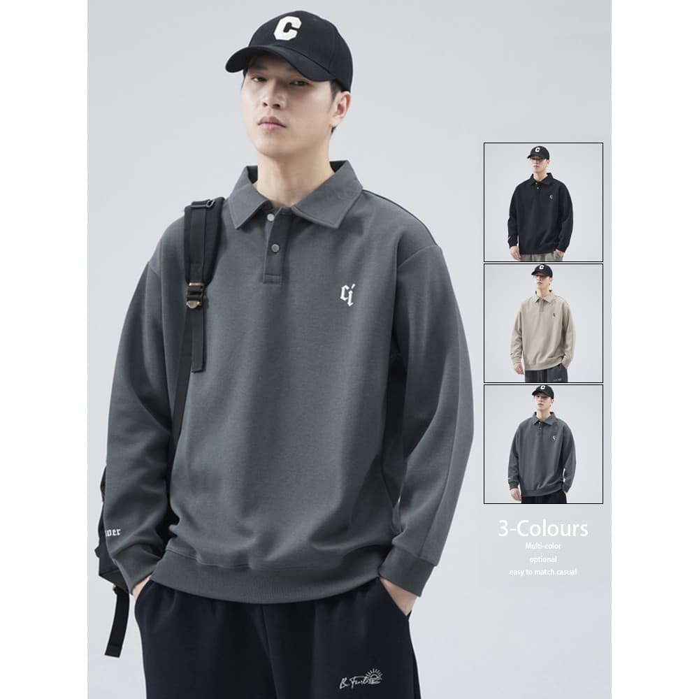 Moletom cinza masculino primavera outono estilo lapela solta carta bordada topo Casual camisa POLO de manga comprida cam