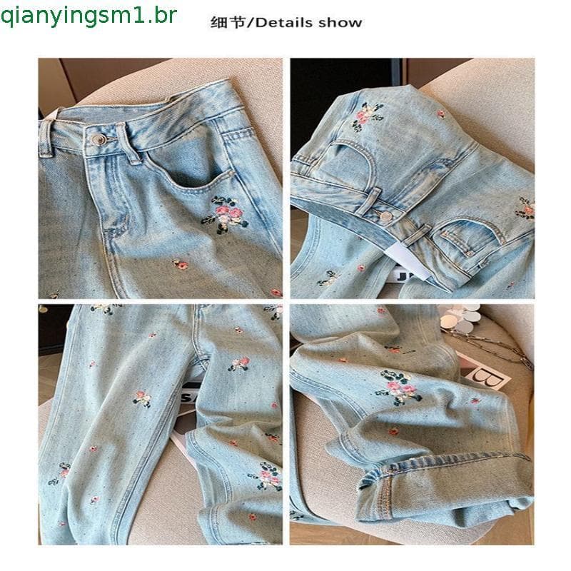 Calças Jeans Retas com Bordado Floral 2024 para Mulheres, Cintura Alta, Modelagem Slim, Pernas Largas 0717