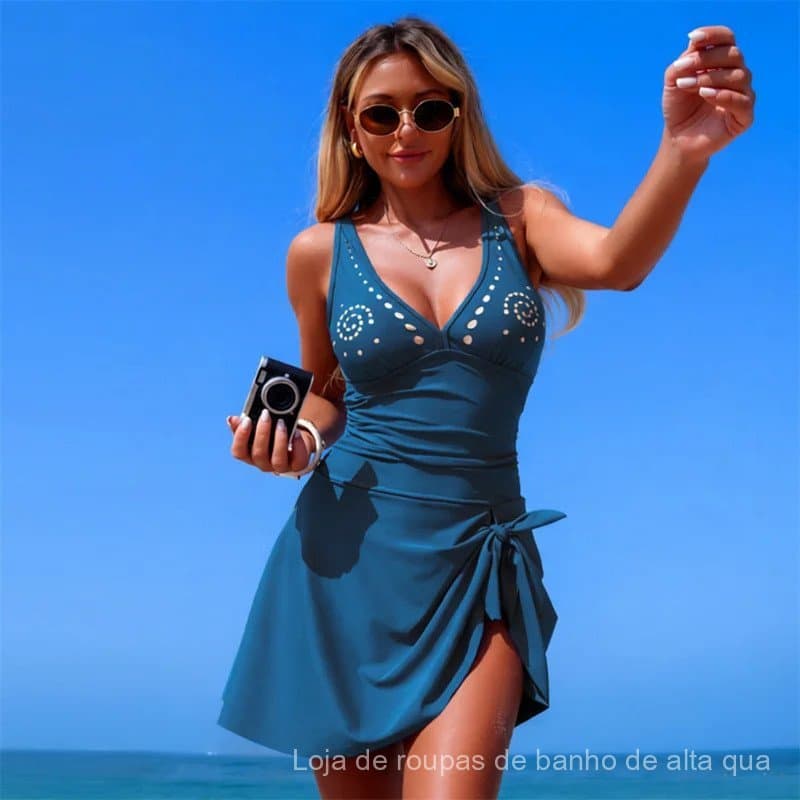 2026 Novo Maiô Feminino de Uma Peça para Praia, Piscina e Férias, com Saia, Macacão Curto, Estilo Vintage de Verão