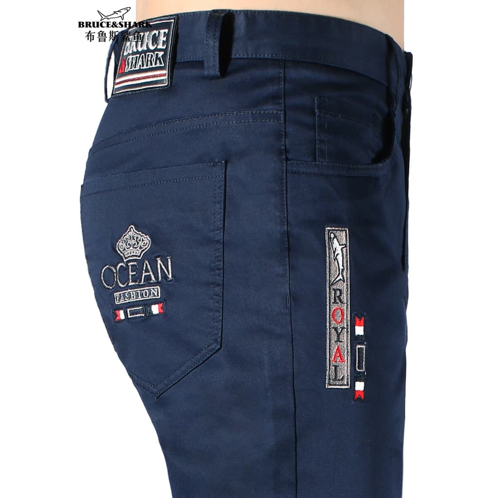 Primavera outono calças casuais masculinas em linha reta bordado calças Bruce tubarão tamanho grande masculino grosso St