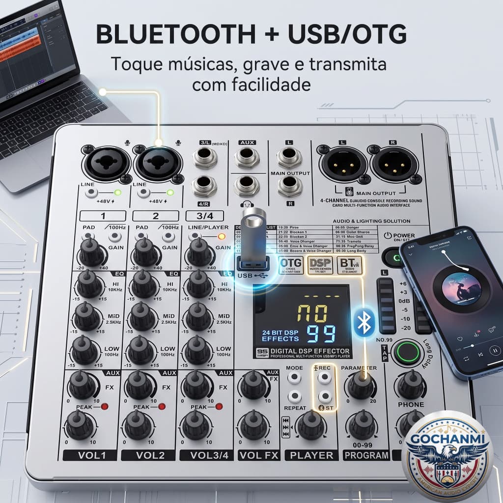 Mixer de Áudio Profissional GOCHANMI MB4 MB6 para Live, Igreja, Podcast e Karaokê