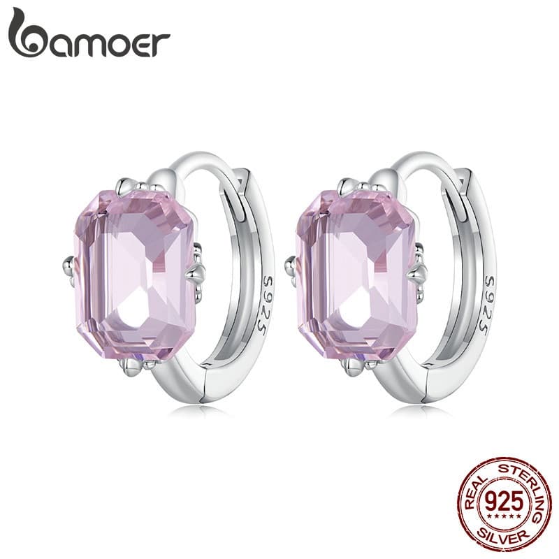 Brincos de Zircônio Rosa 925 BAMOER, Joias de Moda em Prata 925 com Estilo Sofisticado para Presentes VDME