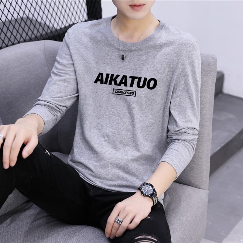Primavera americano masculino de manga comprida camiseta em torno do pescoço impresso camiseta puro algodão camisa de fu