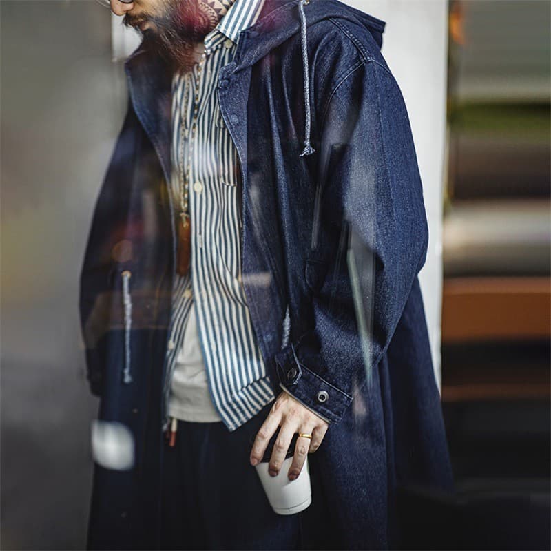 Moderno ferramentas americano Retro M51 denim Fishtail blusão solto meados de comprimento com capuz jaqueta masculina ou