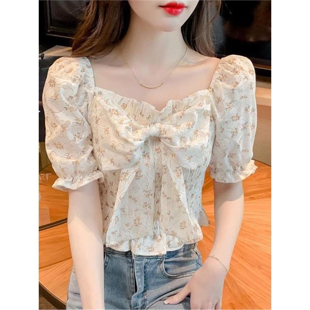 Super fada doce arco Floral camisa feminina verão pequena cintura estreita mais magro olhar curto Chiffon manga Puff top