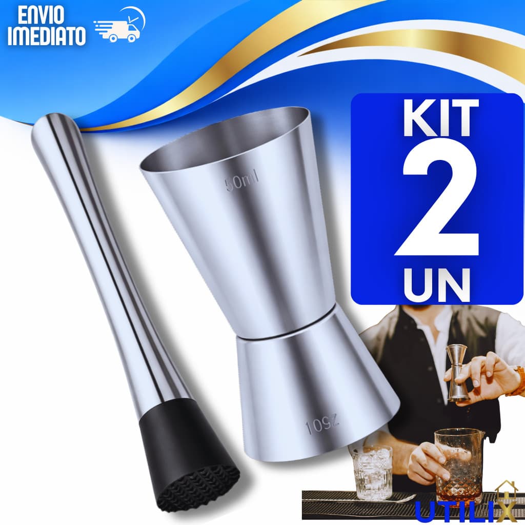 Kit Bar: Socador de Caipirinha + Dosador Duplo Inox Bares Drinks Bebidas