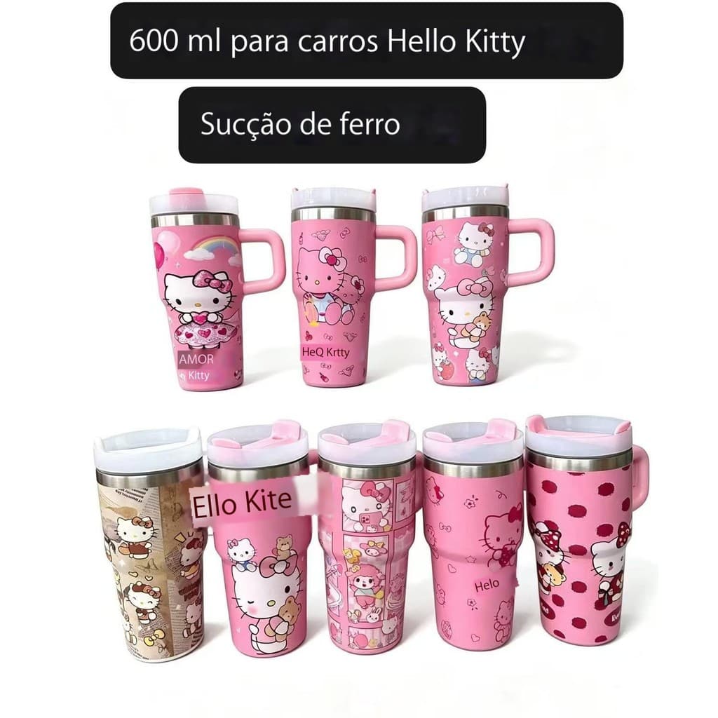 Copo Térmico Com Alça Hello Kitty Inox – Com Tampa e Canudo 600ML