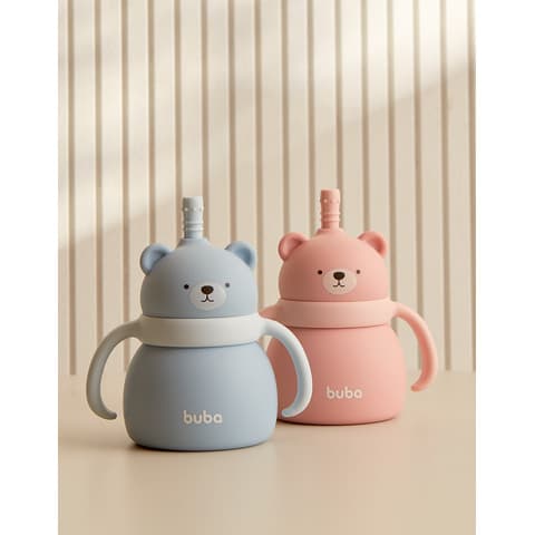 Copo Em Silicone Com Canudo Ursinho Rosa Bebê Iniciação Buba