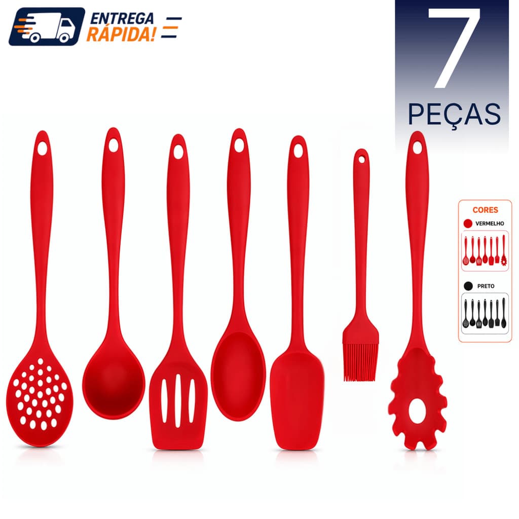 Kit Utensílios Silicone 7 ou 5 Peças Cozinha Antiaderente Espátula Colher Concha Pegador Pincel Vermelho Preto