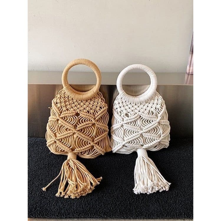 Saco de palha de fio de algodão feito à mão nicho Design oco tecido saco primavera verão novo estilo saco de férias à be