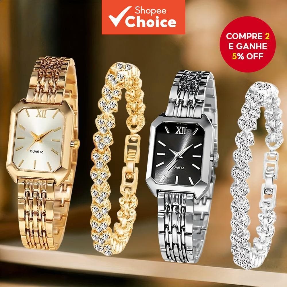 Conjunto de Relógio Feminino de Luxo Quadrado de Aço, 2 Relógios + 2 Pulseiras de Diamantes Completas, Relógio de