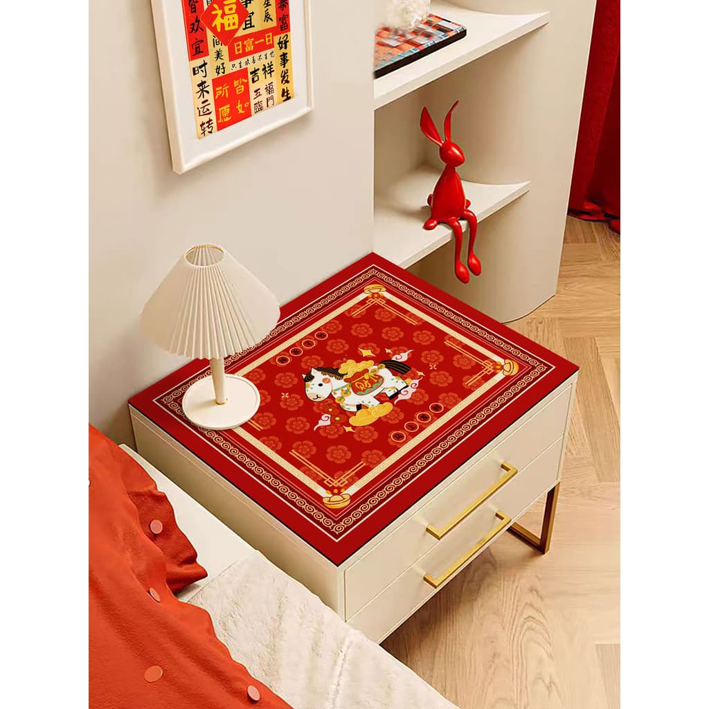Ano novo vermelho auspicioso nuvem cavalo mesa de cabeceira tampa esteira estilo chinês dos desenhos animados decoração