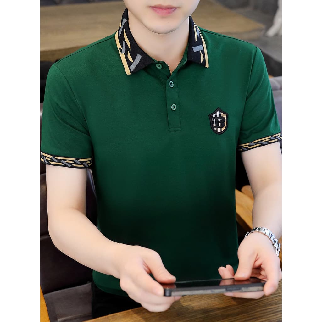 Verão puro algodão lapela manga curta camiseta masculina meia manga gola de chumbo roupas de verão bordado Street Wear c