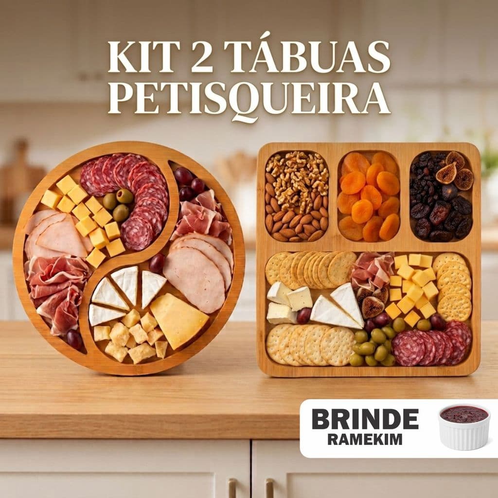 Kit Petisqueira Redonda + Tábua Quadrada com Ramequim p/ Petiscos Frios e Queijo
