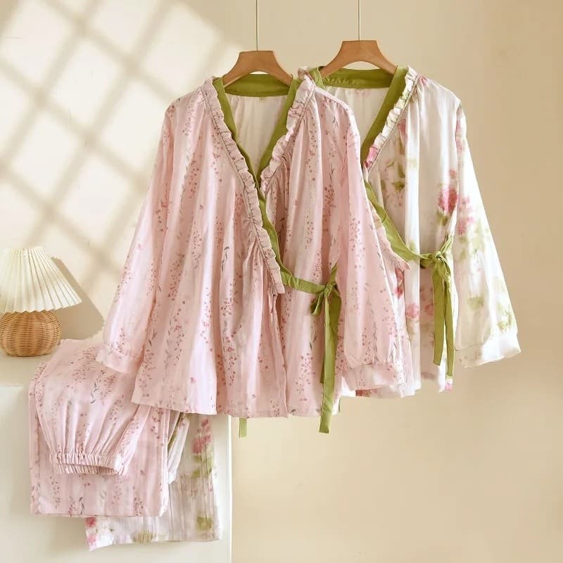 Conjunto De Pijama Estilo Quimono Japonês Feminino Babado Decote Em V 100 % Algodão Crepe Loungewear Respirável Floral P
