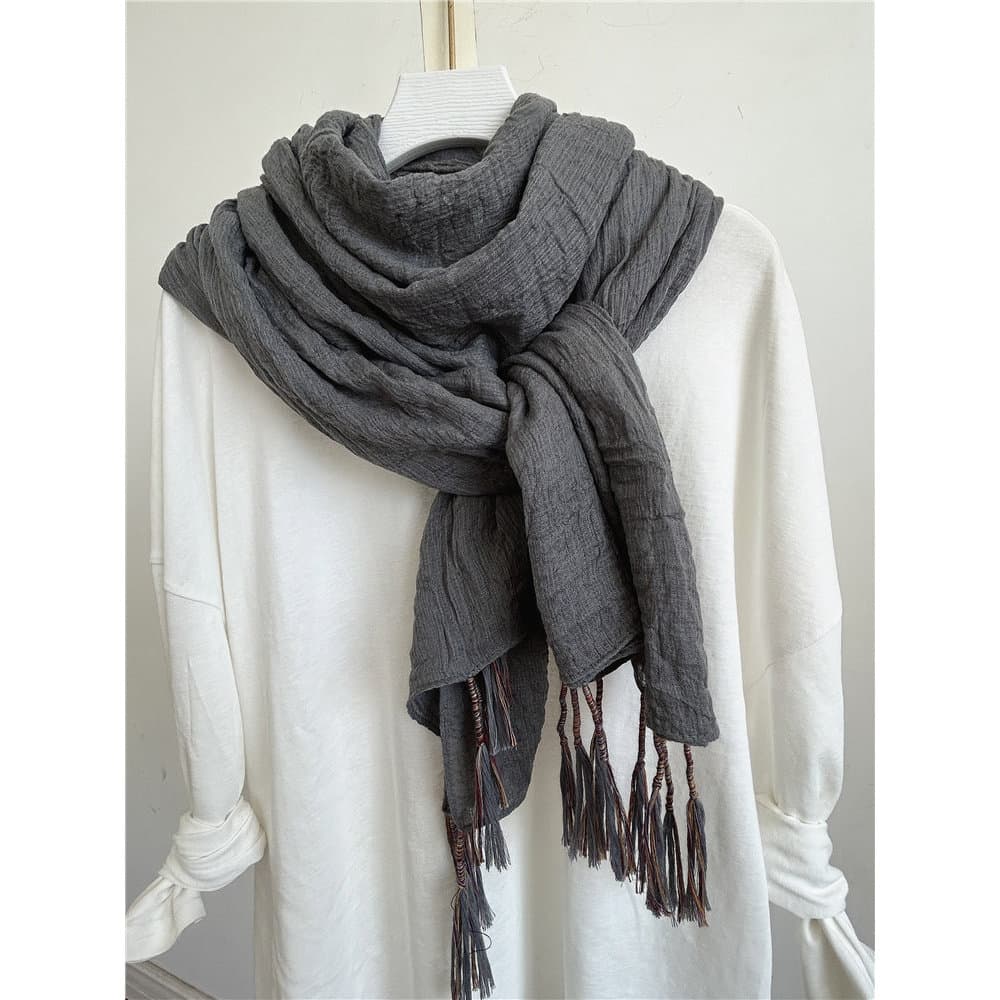 Lenço de linho de algodão feminino fino outono inverno xale dupla utilização longa primavera outono borla literária esti