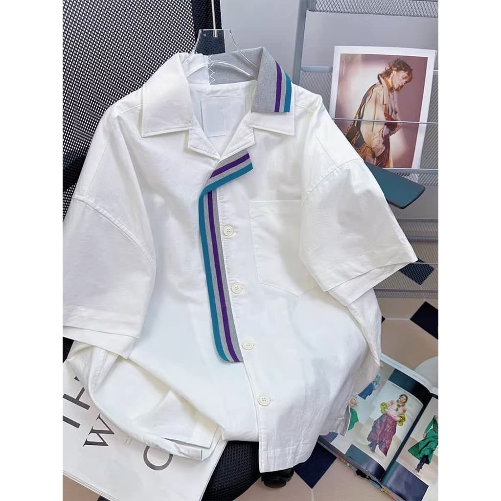 Design nicho estilo Hong Kong Street Wear ins listrado camisa de manga curta das mulheres dos homens versão coreana na m