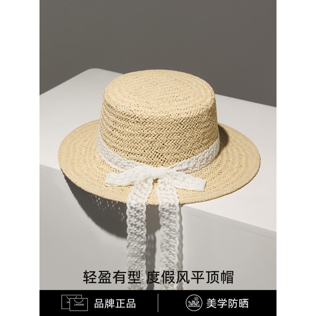 Langsha laço branco arco chapéu de palha plana senhoras rosto pequeno estilo Pastoral verão papel palha respirável prote