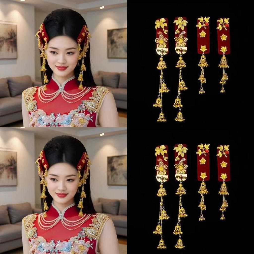 Cheongsam de noiva de Yi Mengling com tradicionais sinos dourados e franjas, acessório de cabelo com dragão e fênix MT06