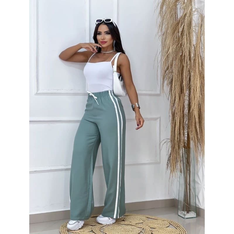 Calça Feminina Listrada Com Faixa Lateral Pantalona Tendência Moda Blogueira Cintura Alta Elástico Confortável