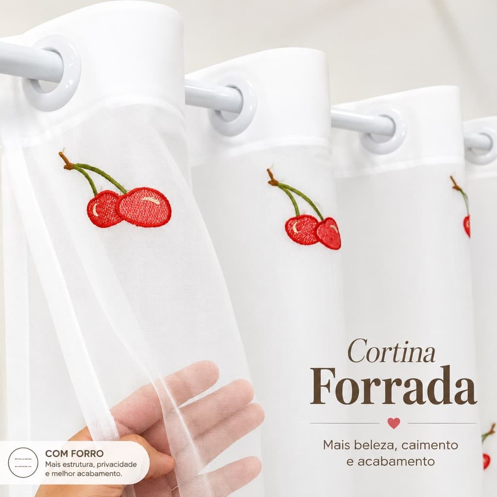 Cortina Cozinha Bordado Voal Forrada Ilhós 2,50x1,25 Mt