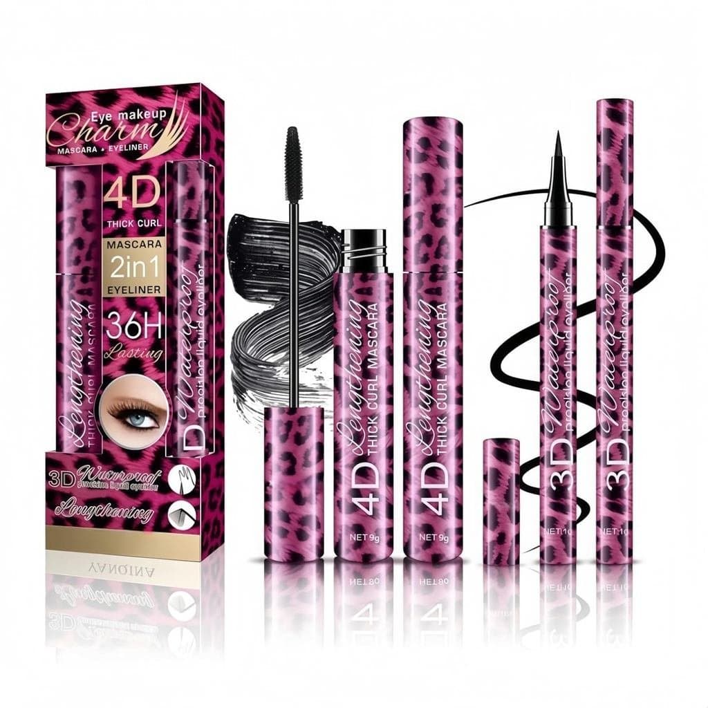 Máscara de Cílios 4D com Efeito Curvador e Estampa de Leopardo Rosa & Delineador Líquido 3D à Prova d'Água, Conjunto 2 e