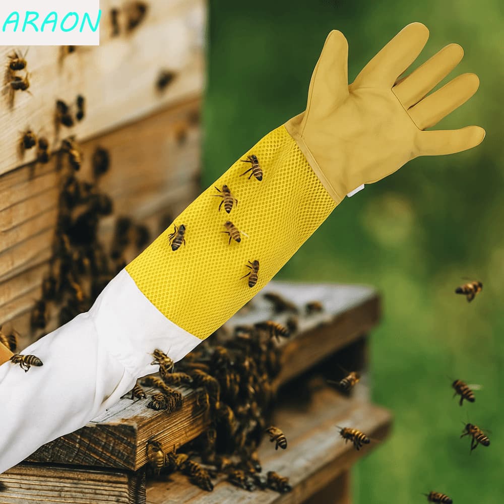 Luvas de Apicultura ARAON, Luvas Duráveis de Couro de Cabra para Apicultores, Malha Ventilada e Respirável, Reutilizávei