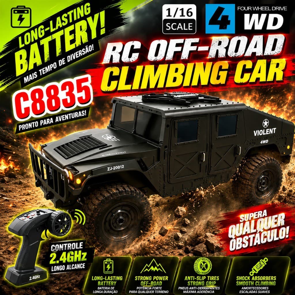 Carro RC C8835 1:16 Caminhão Militar 4WD Off Road 2.4GHz Controle Remoto LED